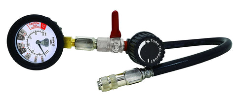 Astro Pneumatic 7856 universal air-powered cooling system pressure tester, side view showing gauge, red lever, hose.