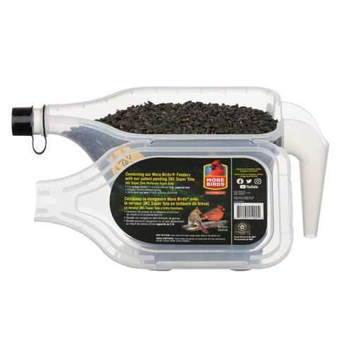 3N1 Bird Seed Super Tote And Storage For 5 Lb Capacity with tapered pour spout and easy grip handle, clear container with bird seed