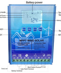Hybrid charge controller for 8000W Vertical Axis Wind Turbine Generator with settings for 12V, 24V, 48V batteries, front view.