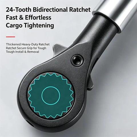 Close-up of 24-tooth Heavy Duty Ratchet Cargo Winch Tensioner Bar with ergonomic handle and alloy steel construction.