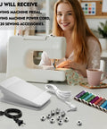 Woman sewing with machine; Sewing Machine Foot Pedal Controller Replacement FC322 With 6.5Ft AC Power Cord and accessories visible