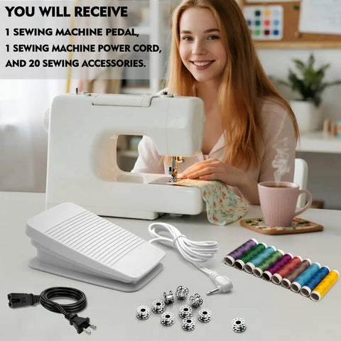 Woman sewing with machine; Sewing Machine Foot Pedal Controller Replacement FC322 With 6.5Ft AC Power Cord and accessories visible
