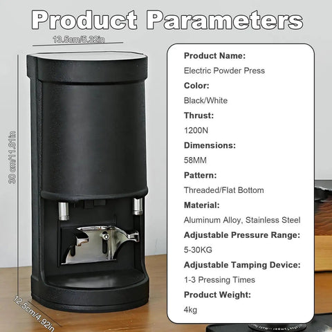 Automatic Espresso Tamping Station Featuring Smart Digital Sensors And A Mighty One Thousand Two Hundred Newton Force For Totally Flawless Extraction And Hella Consistent Shots Every Single Time, black and white electric powder press.