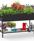 Elevated Garden Bed With Legs And Storage Shelf, Mobile Planter Box For Outdoor Plants, Black, with red boots and watering can