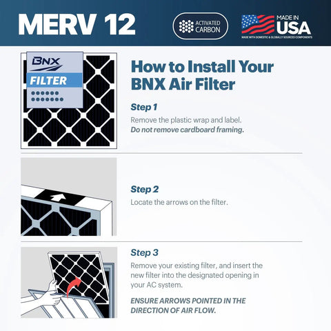 Instructions for installing Odor Defense MERV 12 Air Filter 16x25x1 with Activated Carbon for AC, furnace, and HVAC systems.
