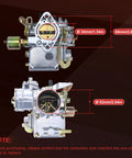 34 Pict-3 Dual Port Carburetor dimensions for 1600cc VW air-cooled Beetles and Buses, showing top and side view with size details