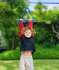 Child using Kids Zipline Kit With Stainless Steel Slackline Pulley Slider And Swing Seat Backyard Zip Line Set With 60ft Ninja Slackline