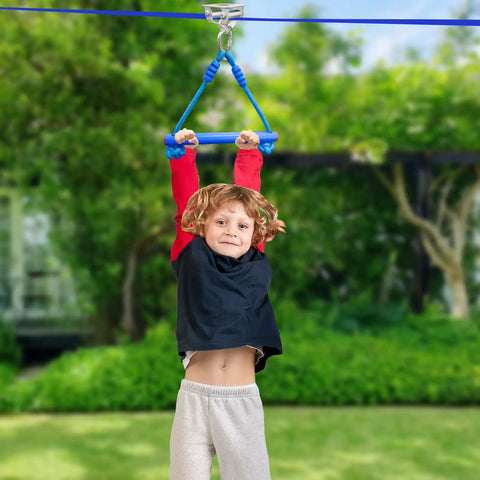 Child using Kids Zipline Kit With Stainless Steel Slackline Pulley Slider And Swing Seat Backyard Zip Line Set With 60ft Ninja Slackline