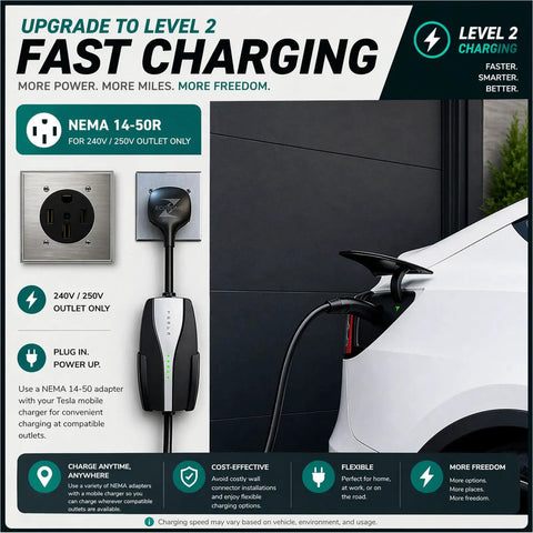Nema 14-50 To Tesla Mobile Connector Adapter For Gen 2 And Gen 3 240 Volt 30 Amp Ev Charging plugged into wall outlet.