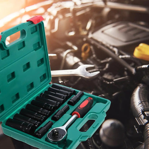 Robust 14 Pc Electric Screwdriver Impact Socket Set With Hex Bits And Extended Sockets For Heavy Duty Power Tool Repairs And Auto Mechanics That Get The Job Done Right, green case in engine bay