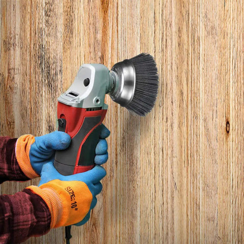 Abrasive Cup Brush Silicon Carbide 7000 Max RPM 6 Inch Heavy Duty tool used on a wooden surface for deburring and machining projects.