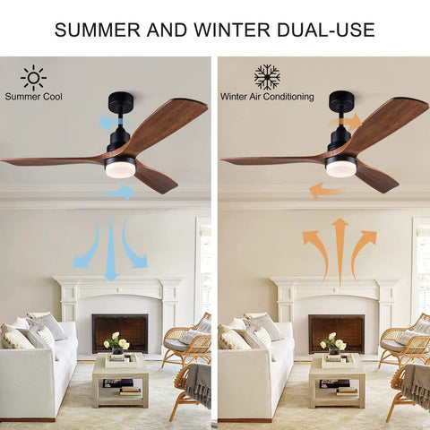 Dual-use 52 Inch Outdoor Ceiling Fan With Lights And Remote Control in living room, showing summer and winter airflow directions.