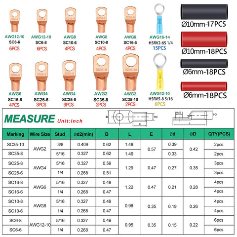 Battery Cable End Lugs 130 Pcs Copper Ring Terminals and Heat Shrink Connectors for AWG 2 4 6 8 10 12 14 16 Gauge Kit
