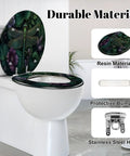 Round Intricate Dragonfly Green Foliage Purple Flowers Toilet Seat on a white toilet, showcasing its resin material and stainless steel hinge.