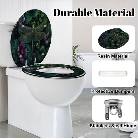 Round Intricate Dragonfly Green Foliage Purple Flowers Toilet Seat on a white toilet, showcasing its resin material and stainless steel hinge.