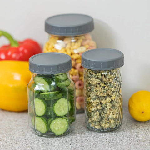 9 Regular Mouth Mason Jar Lids With Silicone Ring Thickened Leakproof Gray Plastic Lids 70mm Fit Ball Kerr And More For Canning, Preserving, And Storing Food Must Have on glass jars with cucumbers and dried flowers