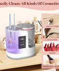 3 In 1 Electric Makeup Brush Cleaner Machine With Dryer Holder Portable USB Cleaner Tool on a wooden vanity