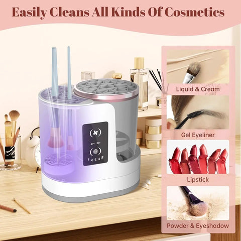 3 In 1 Electric Makeup Brush Cleaner Machine With Dryer Holder Portable USB Cleaner Tool on a wooden vanity