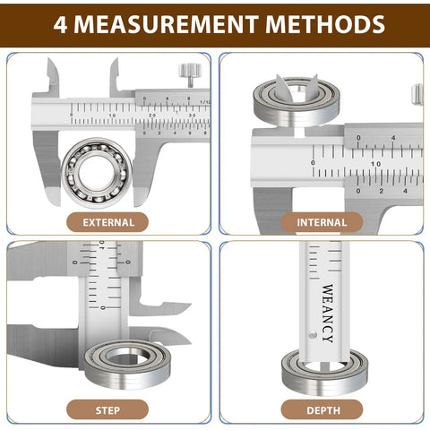 Image showcasing the 4 measurement methods of the Three Inch Stainless Steel Vernier Pocket Caliper, including external, internal, step, and depth measurements.