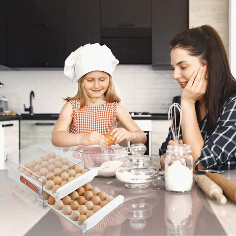 Two Layer Egg Organizer With Time Scale For Fridge 60 Egg Capacity Clear Plastic Storage Container in kitchen setting