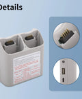 Close-up of white two way charger with storage for Neo battery, dual charging hub and micro USB port, product details view.