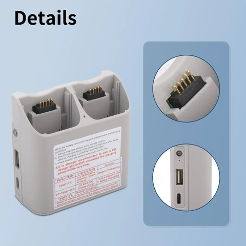 Close-up of white two way charger with storage for Neo battery, dual charging hub and micro USB port, product details view.