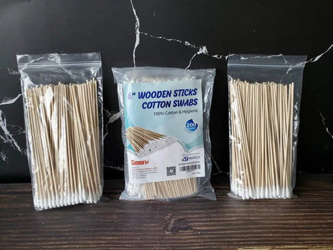 Extra Long Six Inch Wooden Cotton Swabs 200 Count Industrial Grade Cotton Tipped Applicators With Birch Wood Sticks displayed