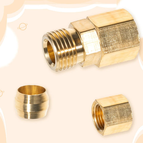 Front view: two brass 1/4 in compression tube fittings (OD x OD) for refrigerator water line connector
