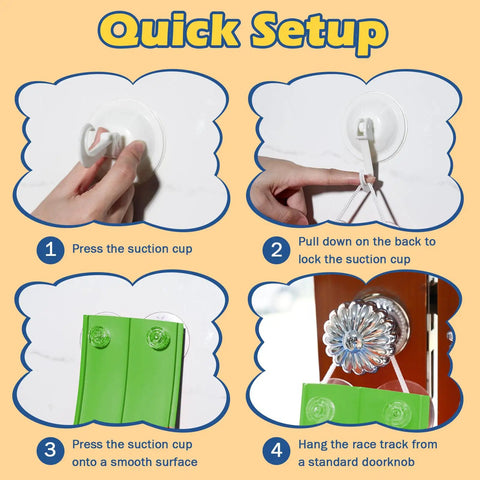 Steps to set up Awesome Flexible Race Track For Kids 3 Plus 15 Foot Roll Up Car Track With Strong Suction Cups on wall and door.