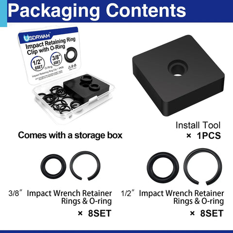 Big Sixteen Piece Impact Wrench Ring Kit With One Half Inch And Three Eighths Inch Friction Rings And O Rings Includes Anvil Install Tool