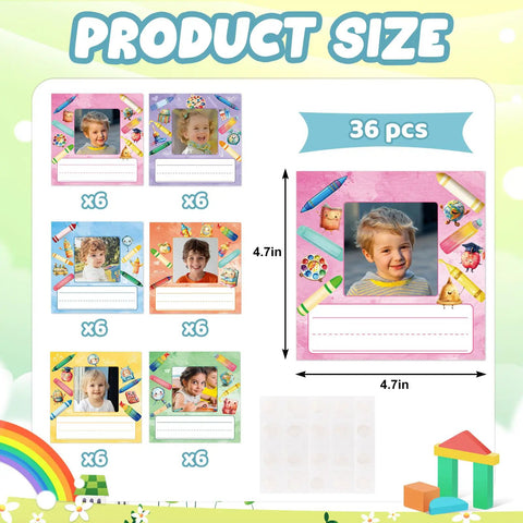 36 Pack Crayon Photo Nameplates For Classroom Desks And Cubbies Self Adhesive Name Tags With Photo Space 4.7 By 4.7 Inches Six Color Designs