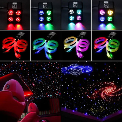 Car Starlight Headliner Kit With 36W Four Color Twinkle Fiber Optic Lights showcasing RGBW light engine and starlight ceiling effect.