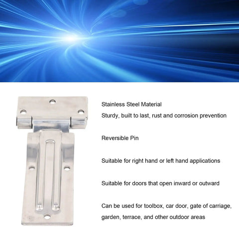 Stainless Steel Reversible Hinge For Indoor Outdoor Use Heavy Duty Rust Prevention Door Hinge With Reversible Pin Perfect For Toolbox Carriage Gates Right Or Left Hand Install, shown against a blue background with product features.
