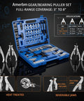 Heavy Duty Gear Puller Set With 2 And 3 Jaw Configurations 4 Piece Kit, blue case with tools and size specifications