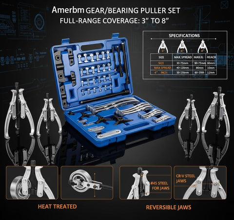 Heavy Duty Gear Puller Set With 2 And 3 Jaw Configurations 4 Piece Kit, blue case with tools and size specifications