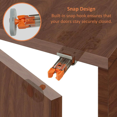 Push To Open Door Latch Kit 5 Pack Non Magnetic installed on wooden cabinet showing snap design feature.