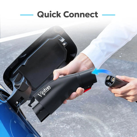 Close-up of Tesla To J1772 Charging Adapter 60 Amp Plug And Play Ev Converter being connected to an EV for charging.