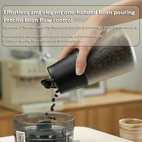 Smart Vacuum Coffee Bean Storage Container With Digital Temperature And Humidity Display Tracks Freshness pouring coffee beans.