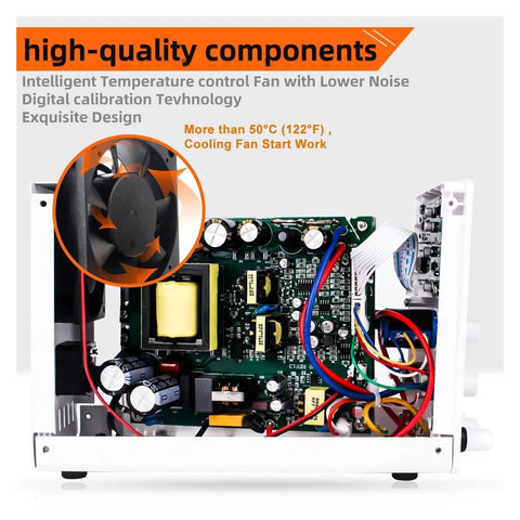 Internal components of DC Power Supply Variable Output 32V 6A And 30V 10A Regulated Switching Power Source with cooling fan