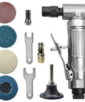 Industrial Pneumatic Angle Die Grinder With Kickass 20000 Rpm Torque and four roll lock sanding discs and accessory tools.