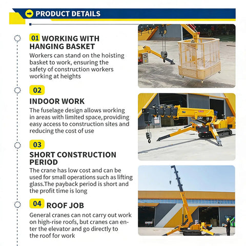 Mini Crawler Lifting Equipment With Telescopic Boom, hoist basket and outriggers, for construction, stable support.