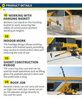 Compact Hydraulic Crawler Boom Hoist System For Industrial Lifting And Building Maintenance features detailed use cases including indoor work, short construction period, and roof job.