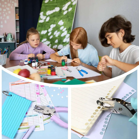 Kids crafting with 12 Pcs Handheld One Quarter Inch Hole Punches For Crafts With Grip Handles, multicolor punches on table