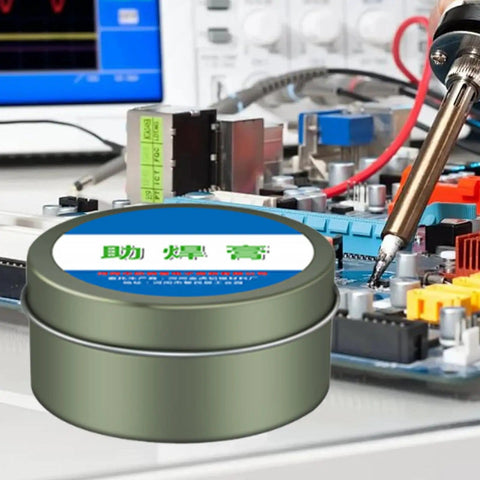 Pro Grade No Clean Solder Flux Paste for Electronics and PCBs with a close-up of a soldering iron on a motherboard.