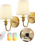 Slick Wireless Wall Sconces Set Of Two, Dimmable Led Bulbs With Remote, 15 Color Changing Gold Fabric Lamps displayed with remote.