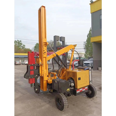 Hydraulic Guardrail Post Driver for Highway Projects and Fence Construction, pile driving machine showcased outdoors with equipment details.