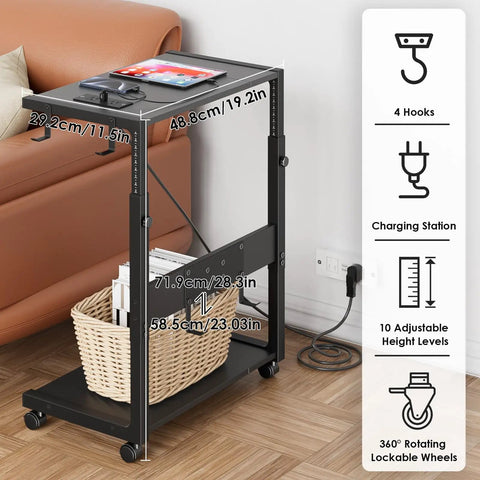 Boss Level Adjustable PC Tower Stand With Charging Station For Office Home Classroom Fits 23 To 28 Inch Towers Black Dual 120V Sockets And USB Ports CPU Holder Cart shown with dimensions and features.