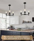Industrial Glass Cylinder Pendant Chandelier in Black, 6 Light Farmhouse Vibe for Dining Room Living Room Kitchen Island installed