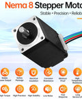 Nema 8 stepper motor, angled front view: silver mounting face, black housing, four mounting holes, color-coded lead wires.