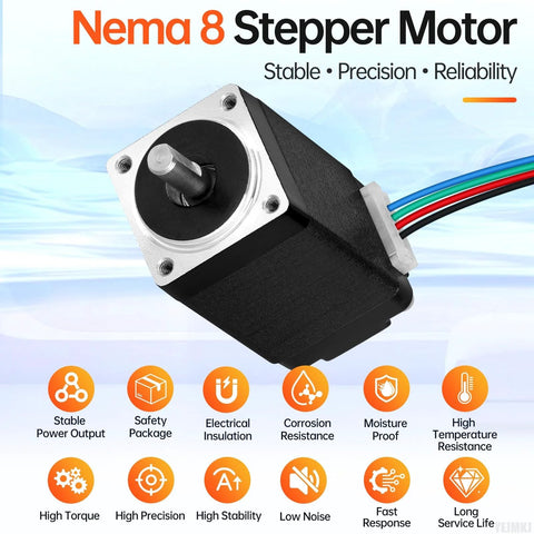 Nema 8 stepper motor, angled front view: silver mounting face, black housing, four mounting holes, color-coded lead wires.